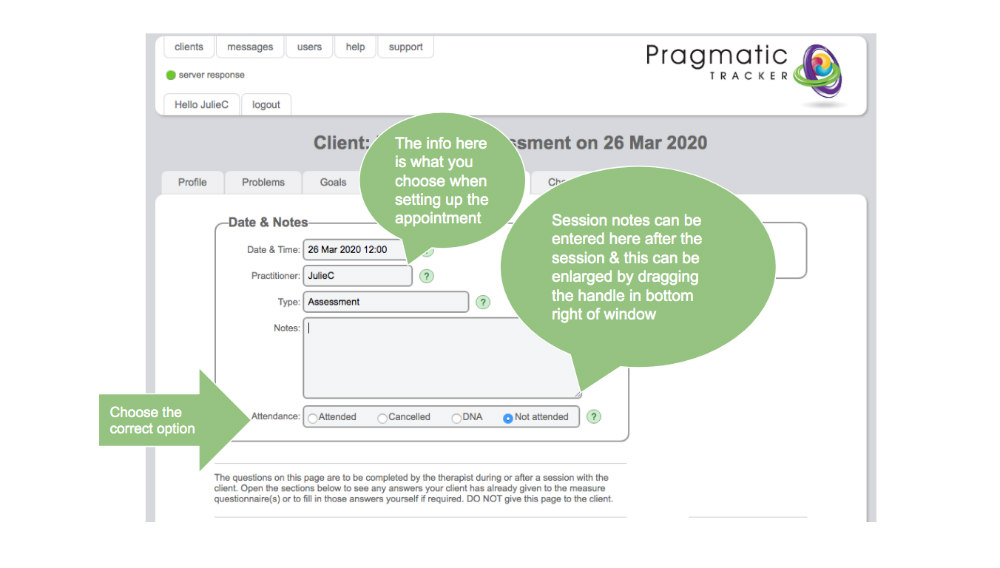 Session date and notes