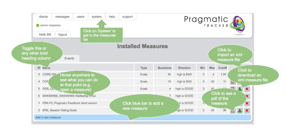 The Measures list page