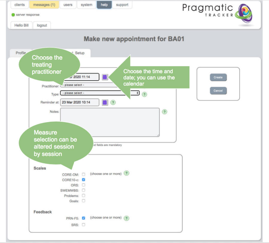 Appointment form measures selection