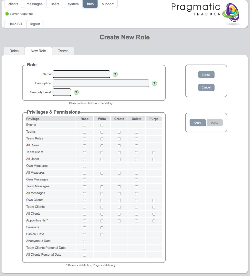 Create new role page
