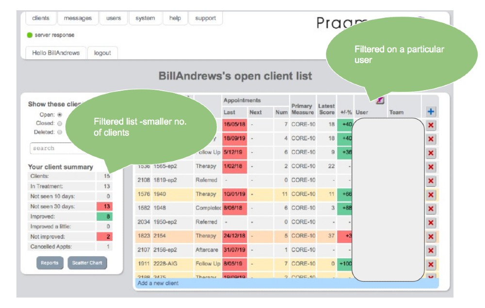 Filtered client list for reporting